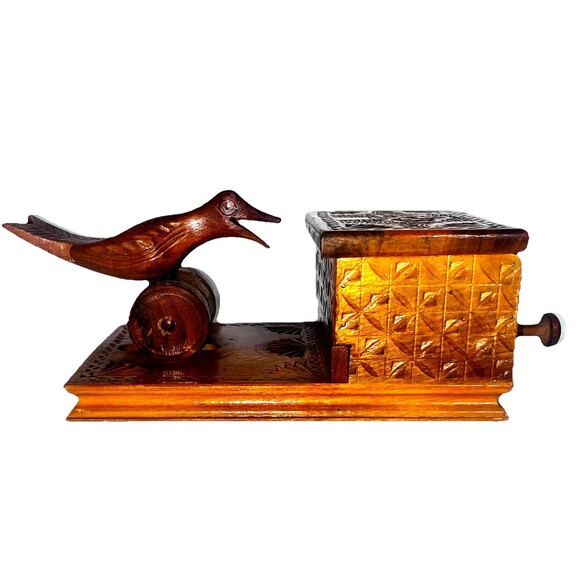 Vintage Hand Carved Wooden Bird Mechanical Cigarette Dispenser Folk Art Crank Bo - Picture 13 of 16